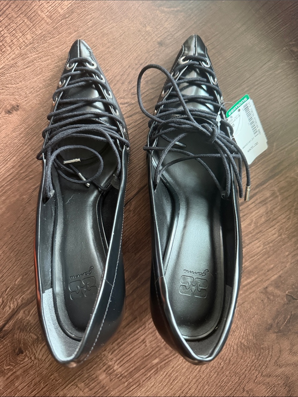 Ganni Black Pointed Lace-Up Heels